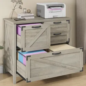 Lateral File Cabinet with 4 Drawers, Farmhouse File Cabinet for Letter/Legal/A4 Size Hanging Files, Large Wood File Storage Cabinets Printer Stand for Home Office Cabinets, Rustic Grey