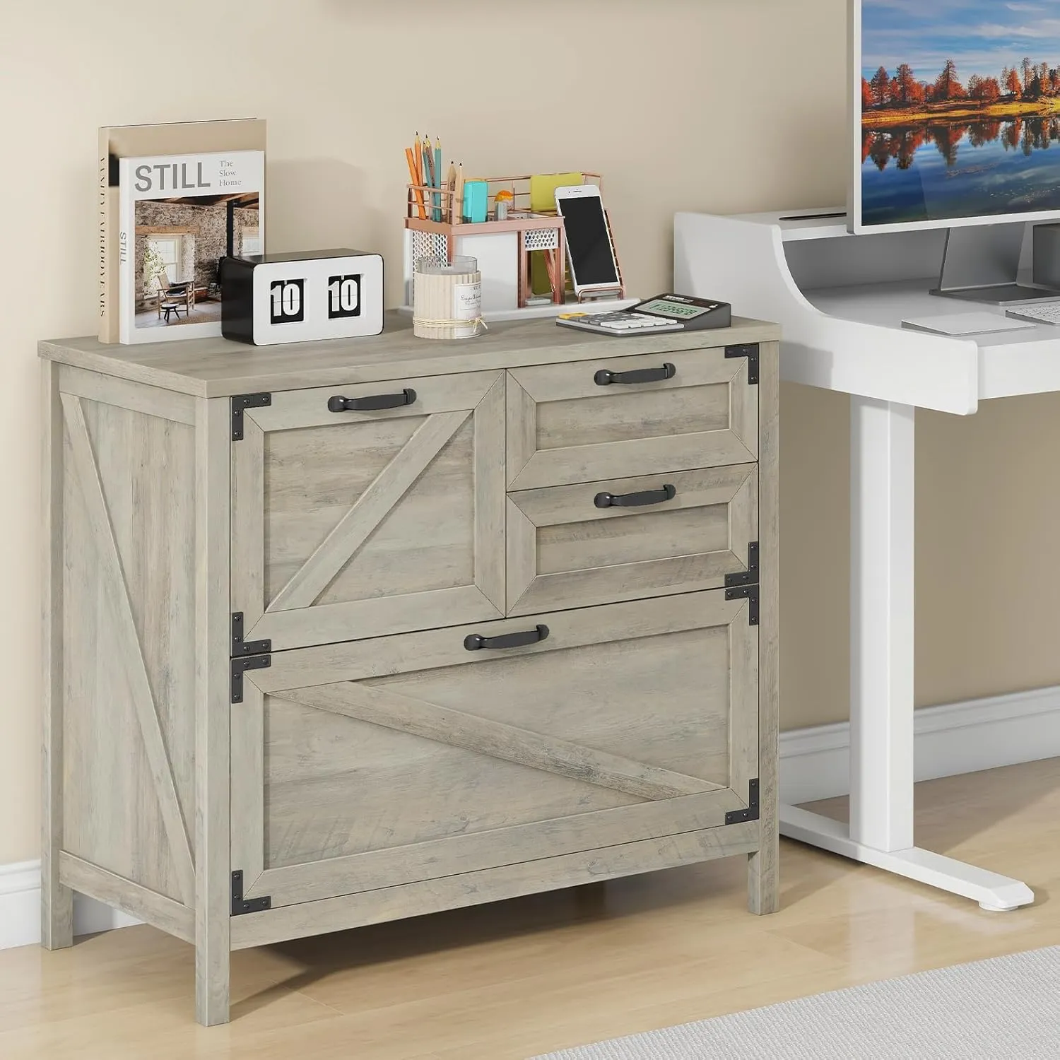Lateral File Cabinet with 4 Drawers, Farmhouse File Cabinet for Letter/Legal/A4 Size Hanging Files, Large Wood File Storage Cabinets Printer Stand for Home Office Cabinets, Rustic Grey