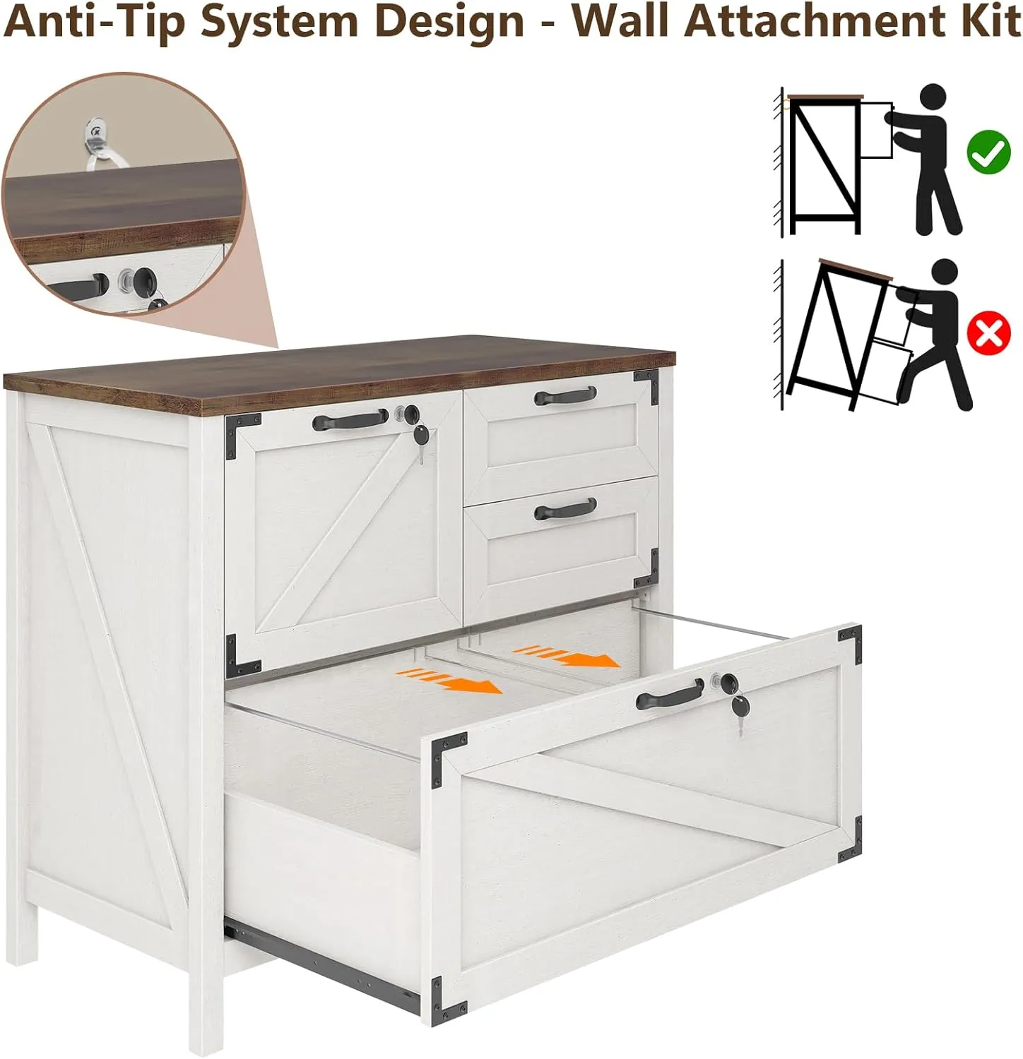Lateral File Cabinet with 4 Drawers, Farmhouse File Cabinet for Letter/Legal/A4 Size Hanging Files, Large Wood File Storage Cabinets Printer Stand for Home Office Cabinets, White with Lock