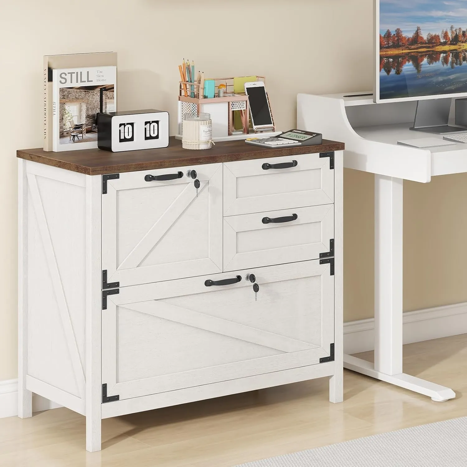 Lateral File Cabinet with 4 Drawers, Farmhouse File Cabinet for Letter/Legal/A4 Size Hanging Files, Large Wood File Storage Cabinets Printer Stand for Home Office Cabinets, White with Lock