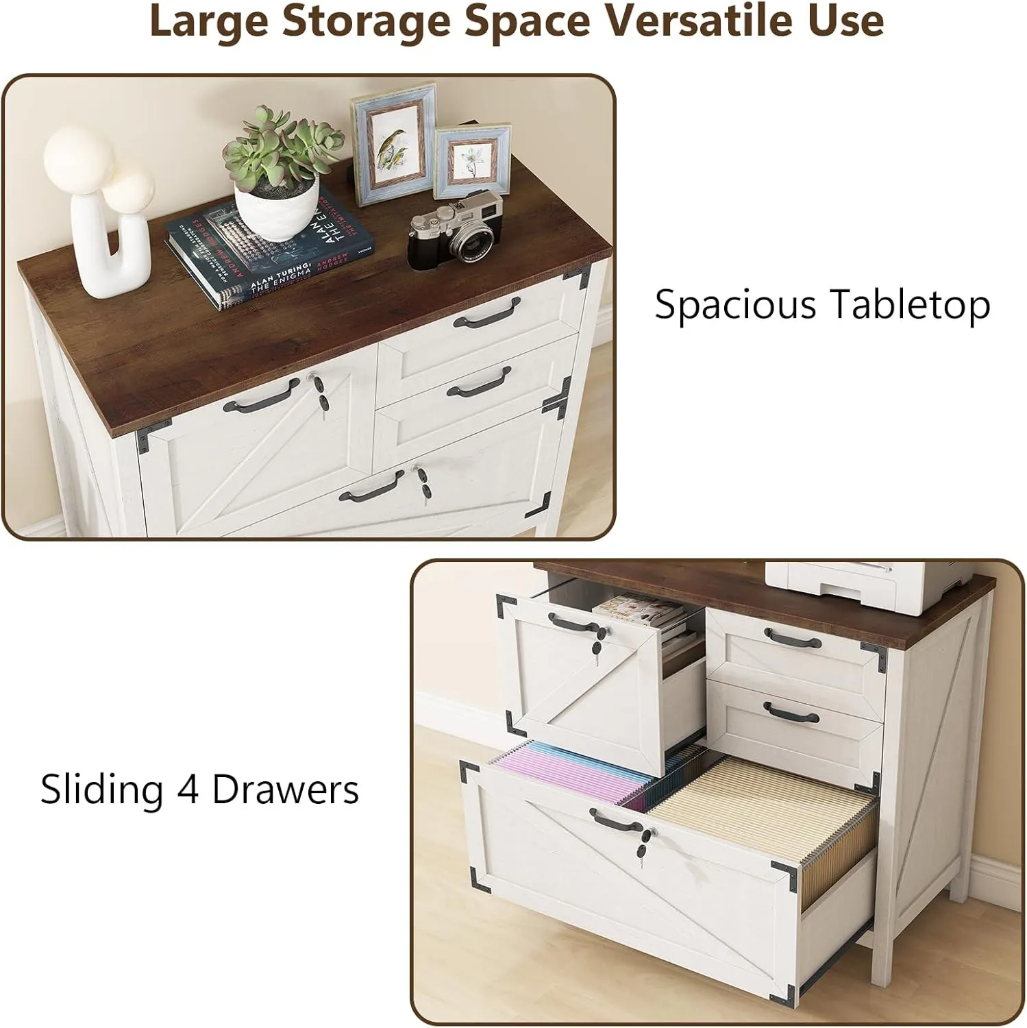 Lateral File Cabinet with 4 Drawers, Farmhouse File Cabinet for Letter/Legal/A4 Size Hanging Files, Large Wood File Storage Cabinets Printer Stand for Home Office Cabinets, White with Lock