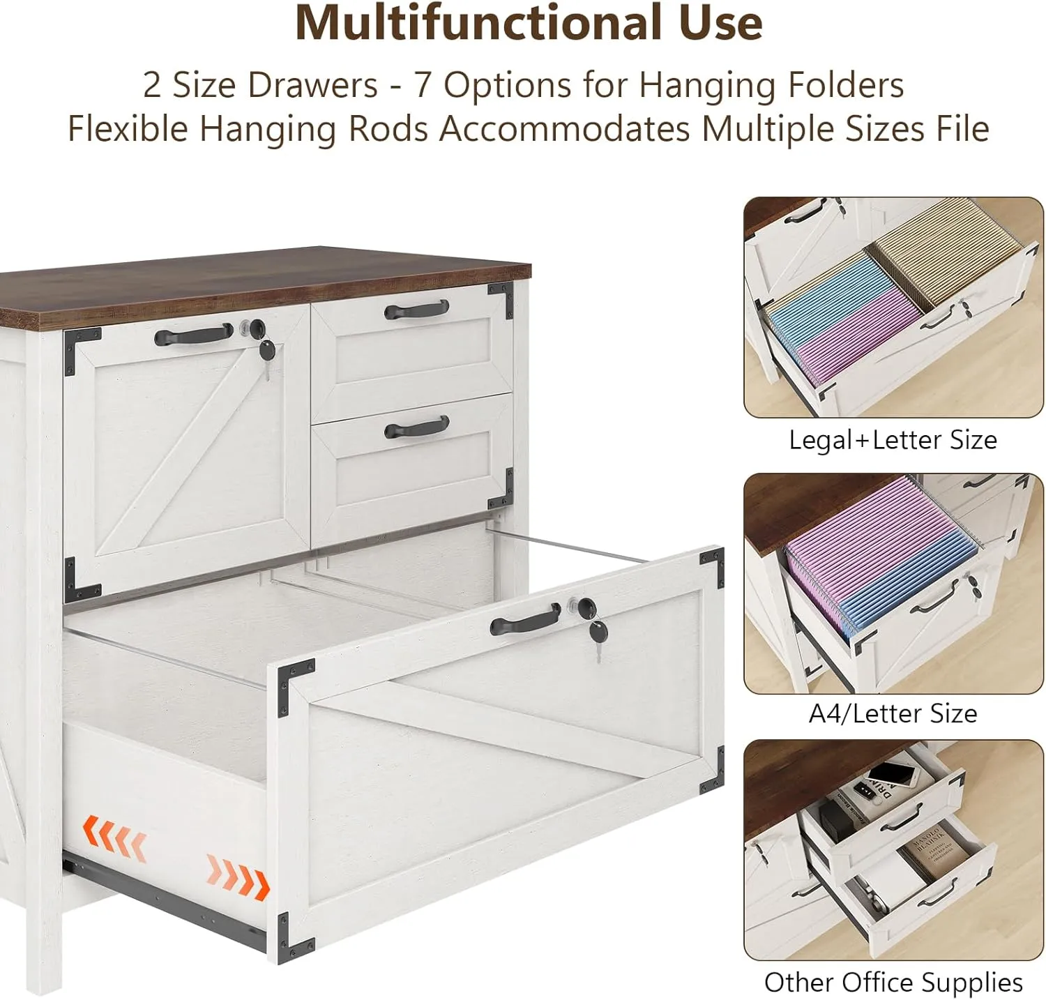 Lateral File Cabinet with 4 Drawers, Farmhouse File Cabinet for Letter/Legal/A4 Size Hanging Files, Large Wood File Storage Cabinets Printer Stand for Home Office Cabinets, White with Lock