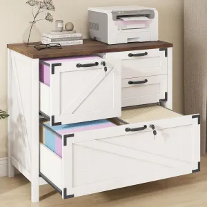 Lateral File Cabinet with 4 Drawers, Farmhouse File Cabinet for Letter/Legal/A4 Size Hanging Files, Large Wood File Storage Cabinets Printer Stand for Home Office Cabinets, White with Lock