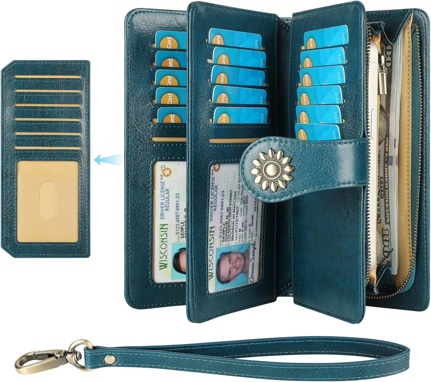 Lavemi Womens Genuine Leather Large Capacity RFID Blocking Wallets Clutch Card Holder With Wristlet Strap