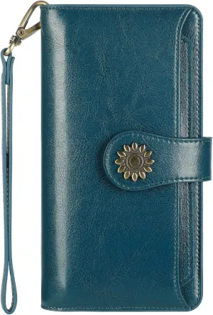 Lavemi Womens Genuine Leather Large Capacity RFID Blocking Wallets Clutch Card Holder With Wristlet Strap