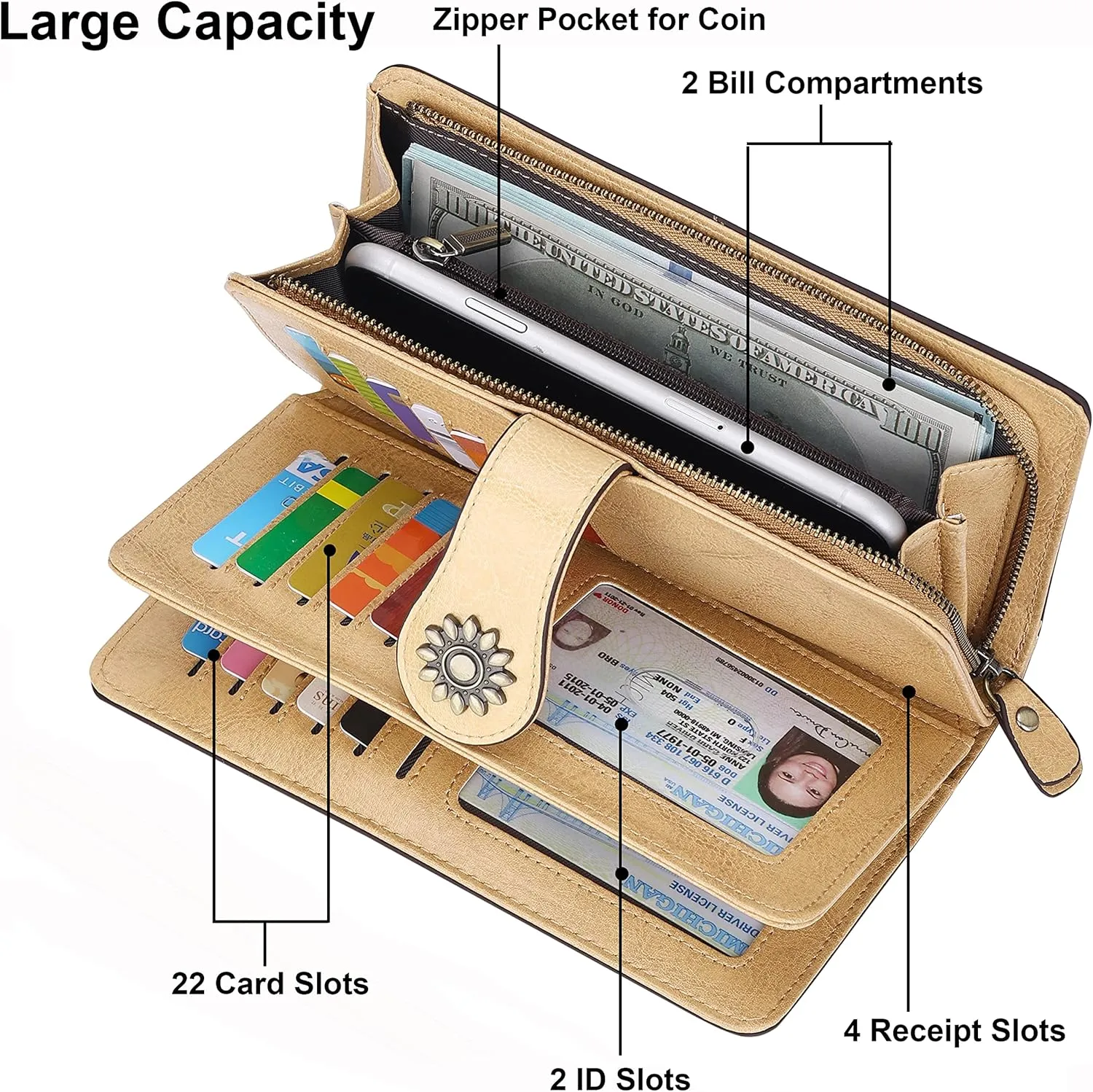 Lavemi Womens Large Capacity Genuine Leather RFID Blocking Wallets Wristlet Clutch Card Holder