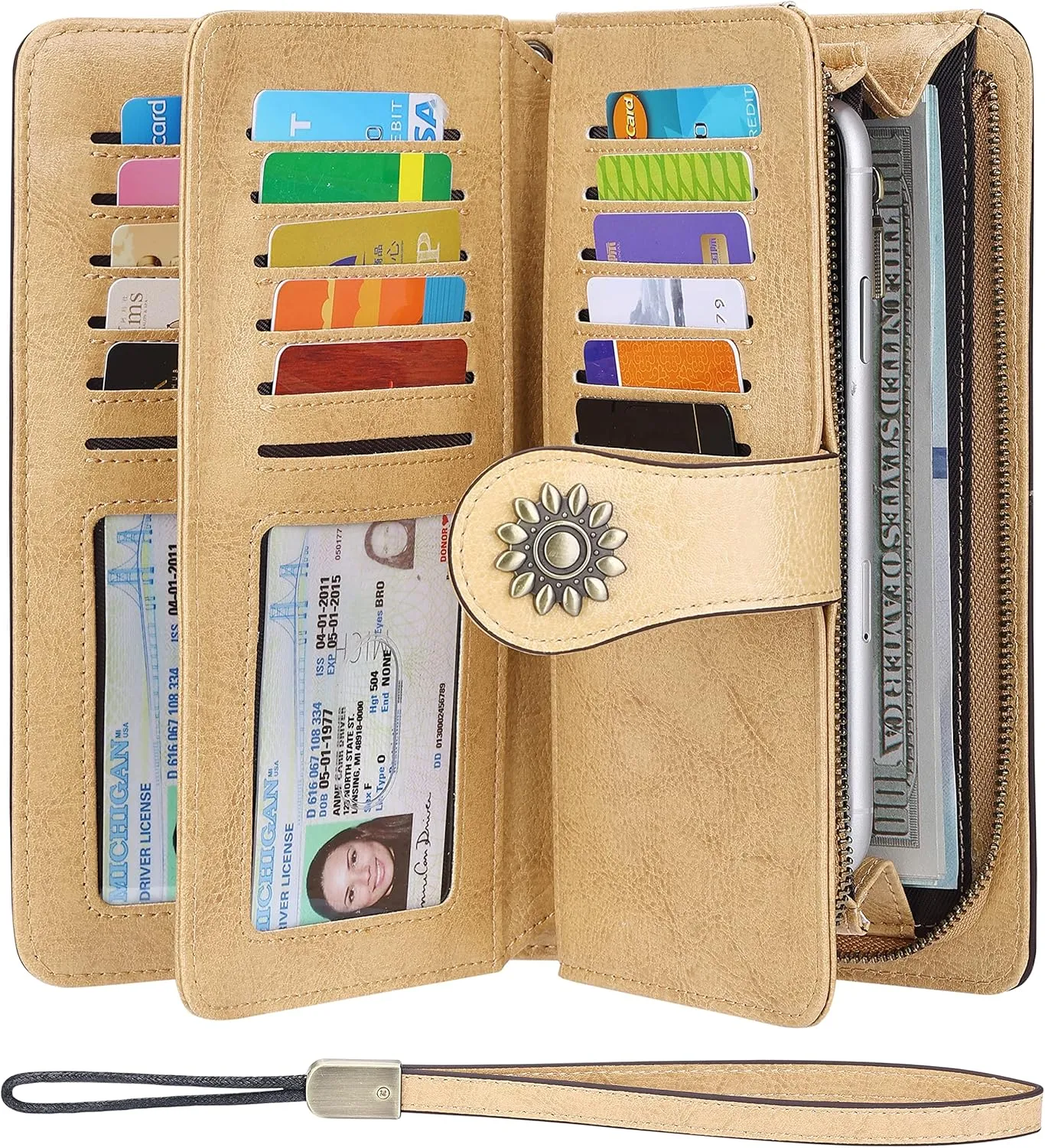 Lavemi Womens Large Capacity Genuine Leather RFID Blocking Wallets Wristlet Clutch Card Holder