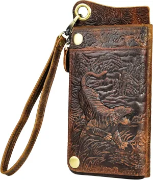 Le'aokuu Mens Genuine Leather Bifold Wallet Organizer Checkbook Iron Chain