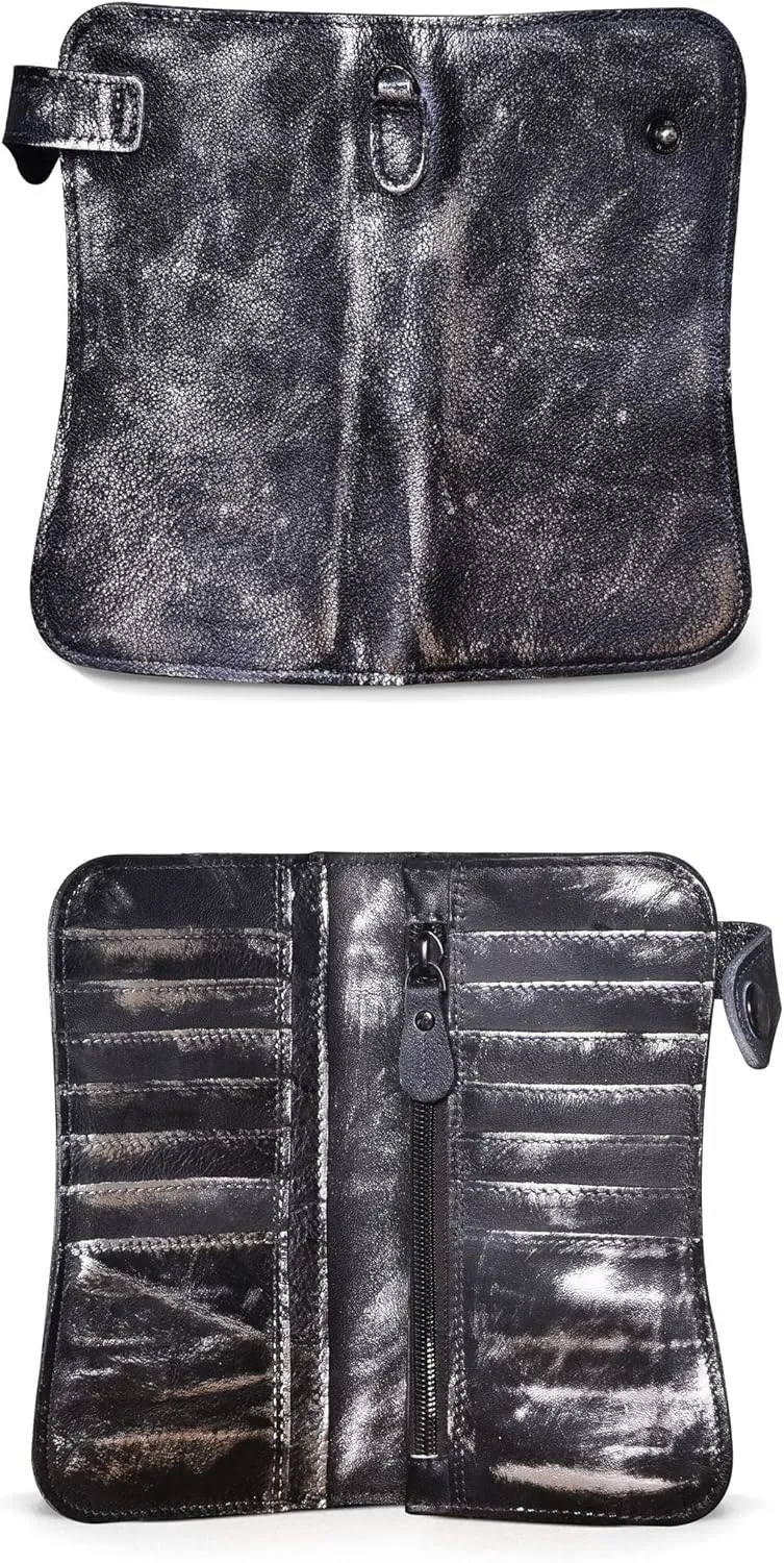 Le'aokuu Mens Genuine Leather Bifold Wallet Organizer Checkbook Iron Chain