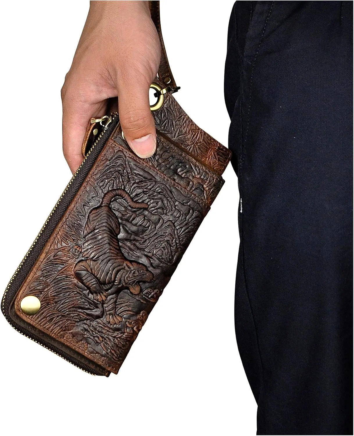 Le'aokuu Mens Genuine Leather Bifold Wallet Organizer Checkbook Iron Chain