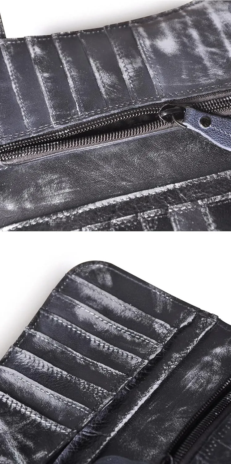 Le'aokuu Mens Genuine Leather Bifold Wallet Organizer Checkbook Iron Chain