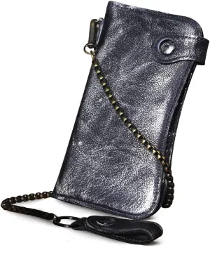Le'aokuu Mens Genuine Leather Bifold Wallet Organizer Checkbook Iron Chain