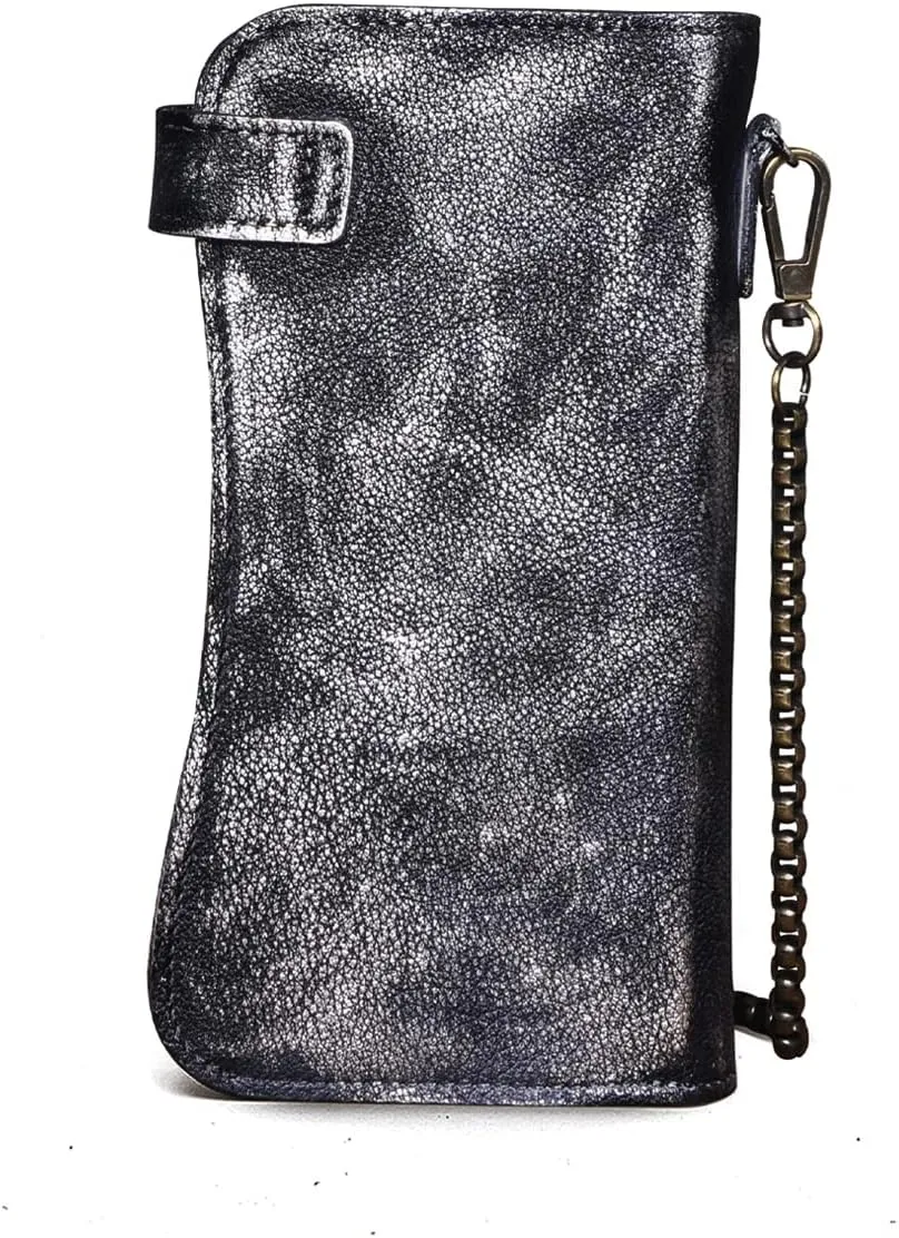 Le'aokuu Mens Genuine Leather Bifold Wallet Organizer Checkbook Iron Chain