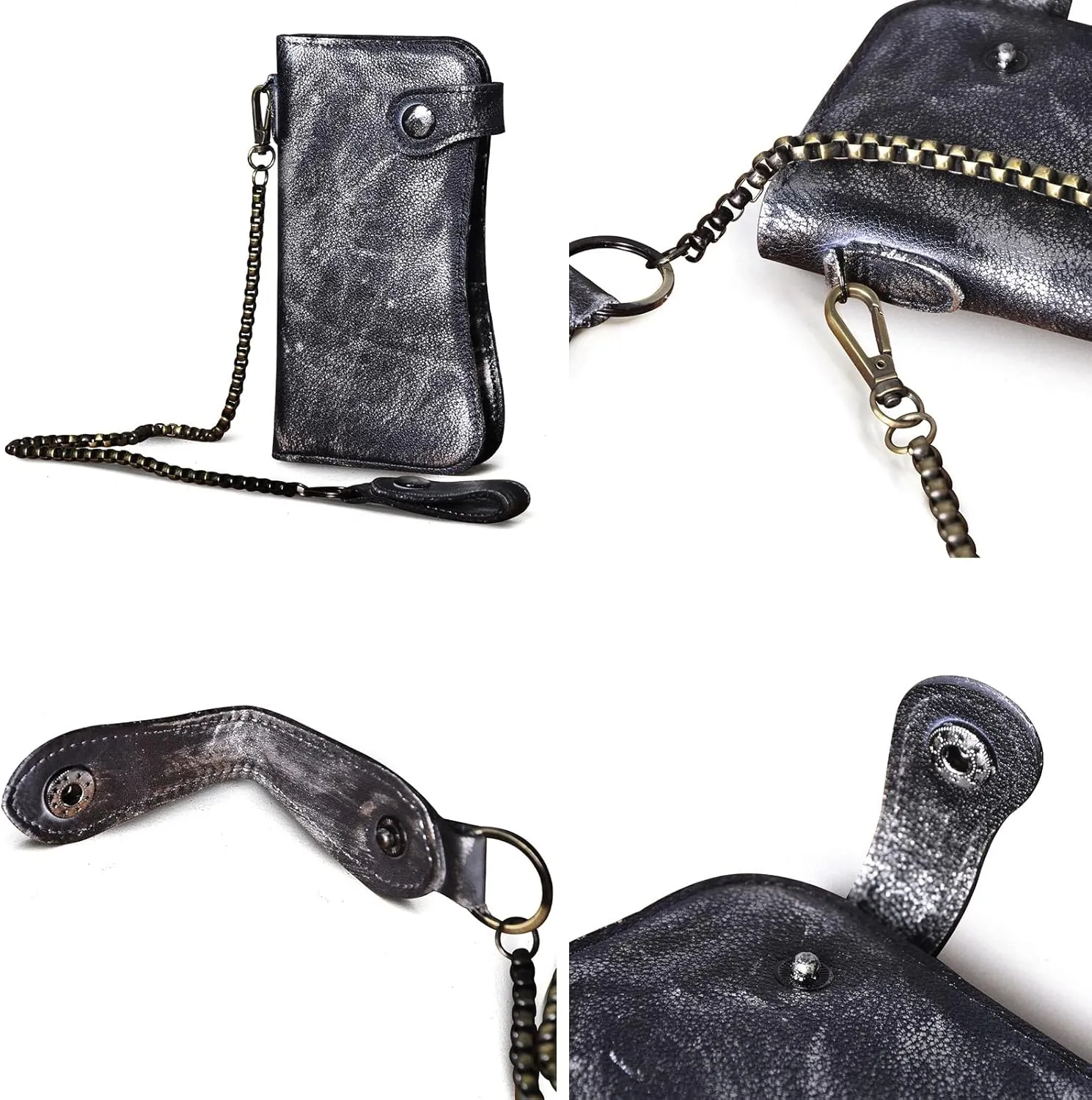 Le'aokuu Mens Genuine Leather Bifold Wallet Organizer Checkbook Iron Chain