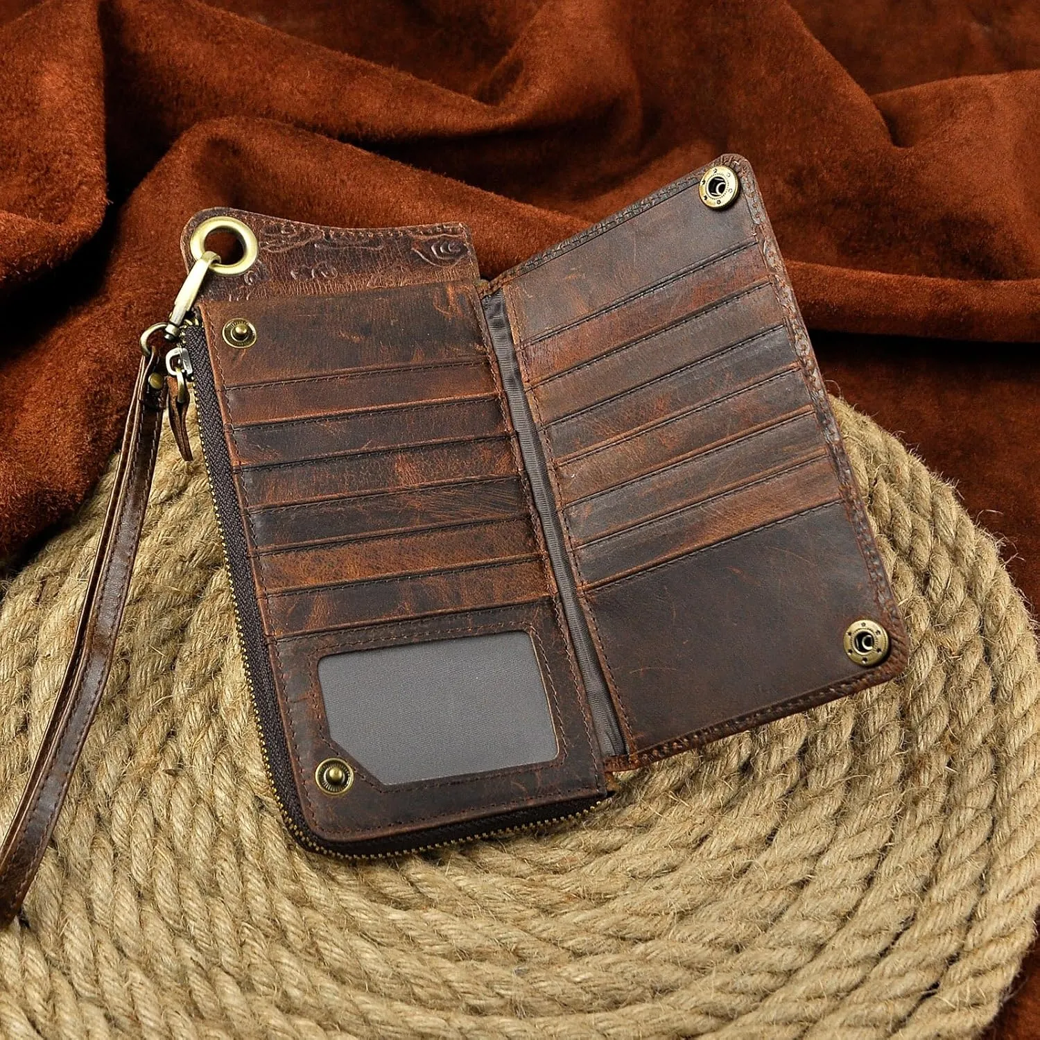 Le'aokuu Mens Genuine Leather Bifold Wallet Organizer Checkbook Iron Chain