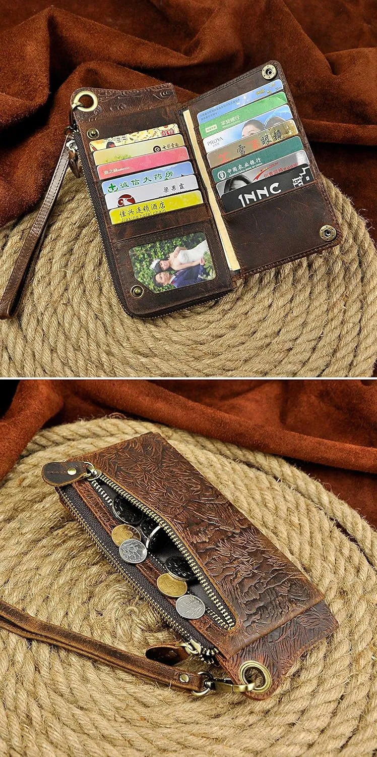 Le'aokuu Mens Genuine Leather Bifold Wallet Organizer Checkbook Iron Chain