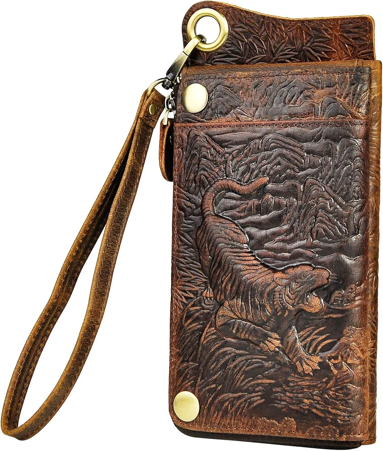 Le'aokuu Mens Genuine Leather Bifold Wallet Organizer Checkbook Iron Chain