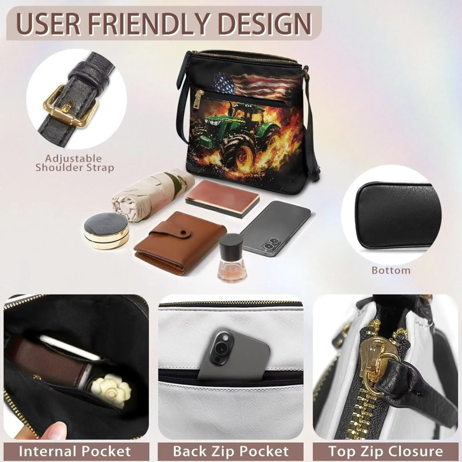 Leather Crossbody Purse for Women Satchel Handbag Purse Shoulder Bag with Adjustable Strap Multi Pockets