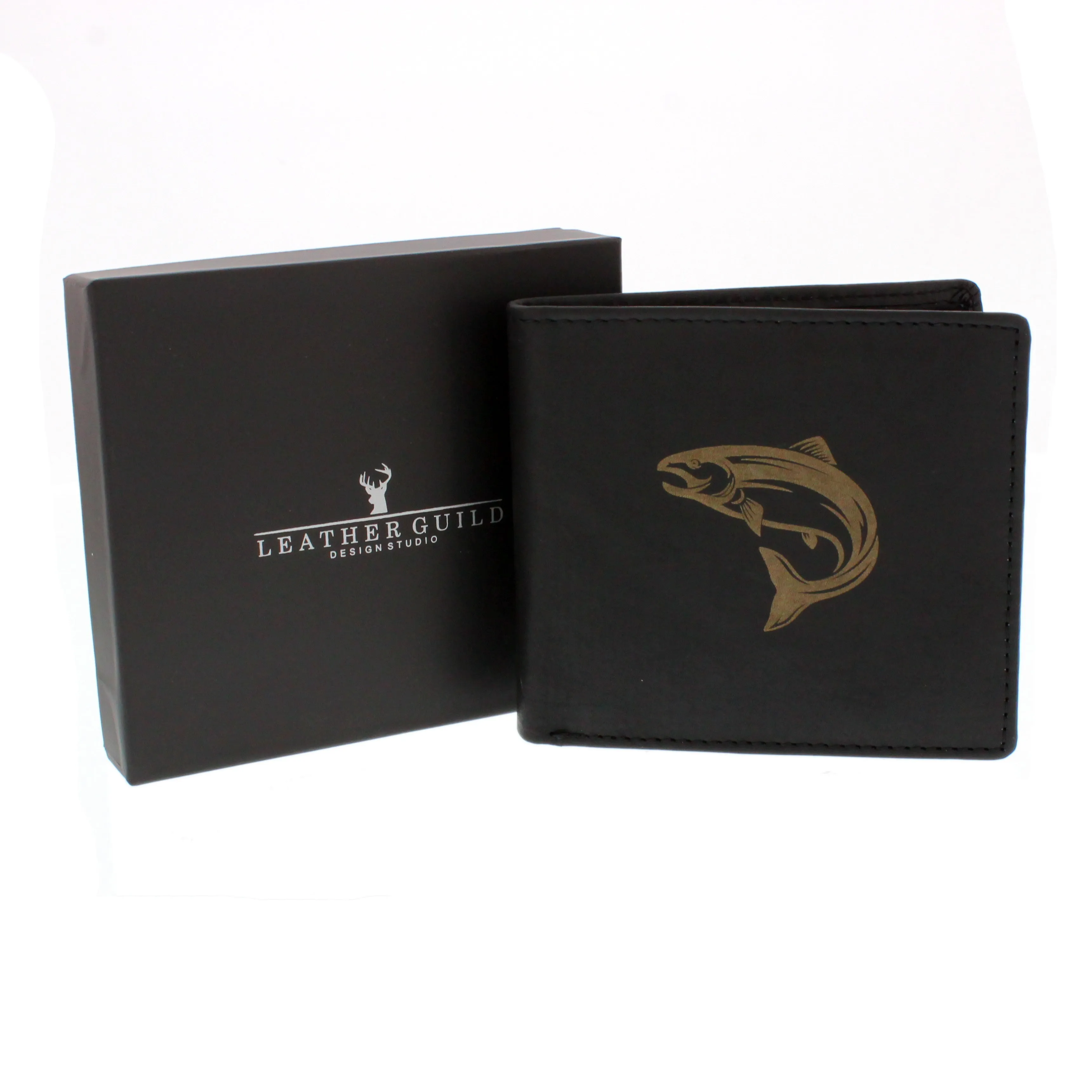 Leather Guild Black Leather Leaping Salmon Engraved Wallet