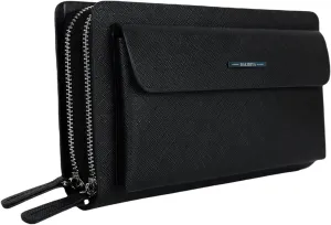 Leather Men Clutch Purse Bag Wallet Card Holder Business 2 Zipper (black)