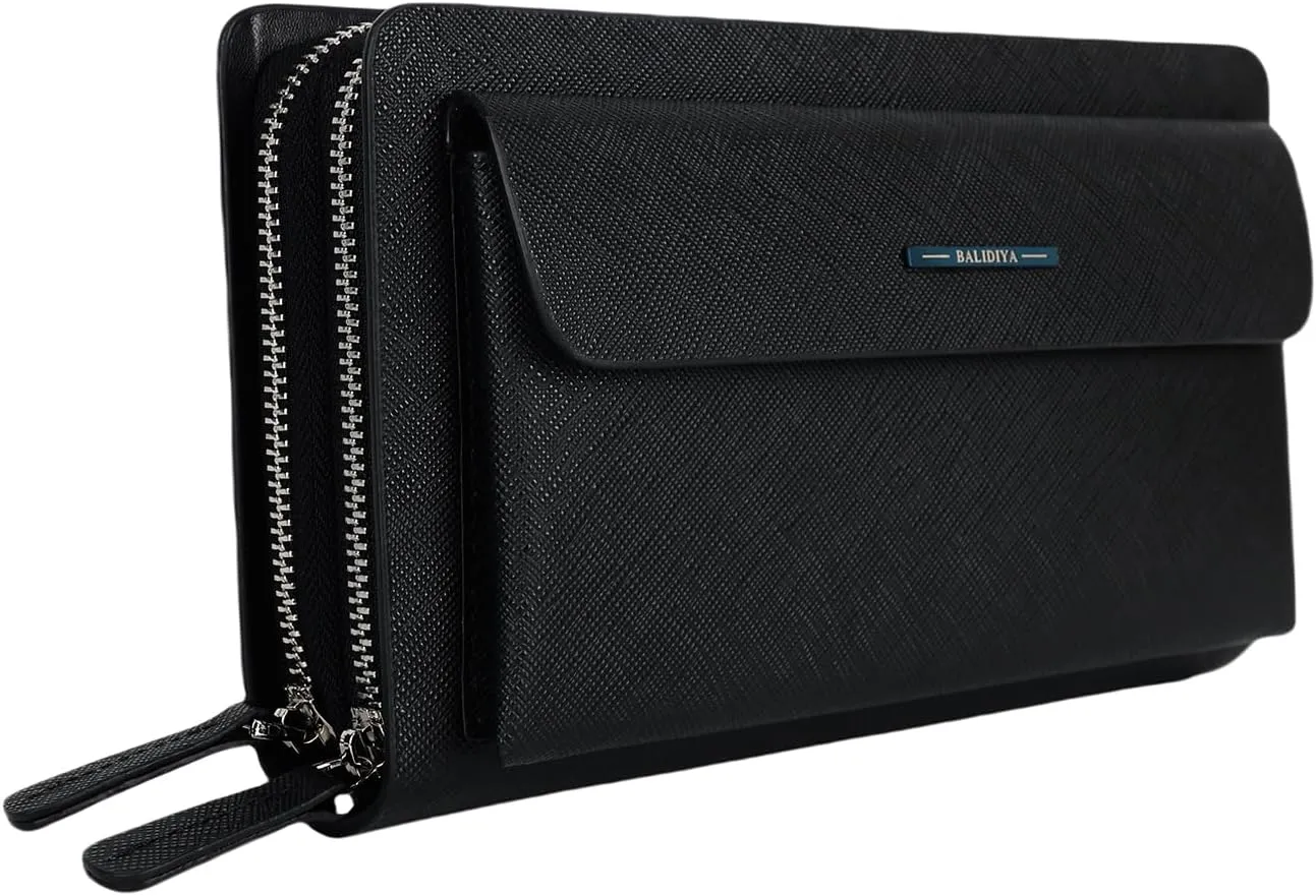 Leather Men Clutch Purse Bag Wallet Card Holder Business 2 Zipper (black)