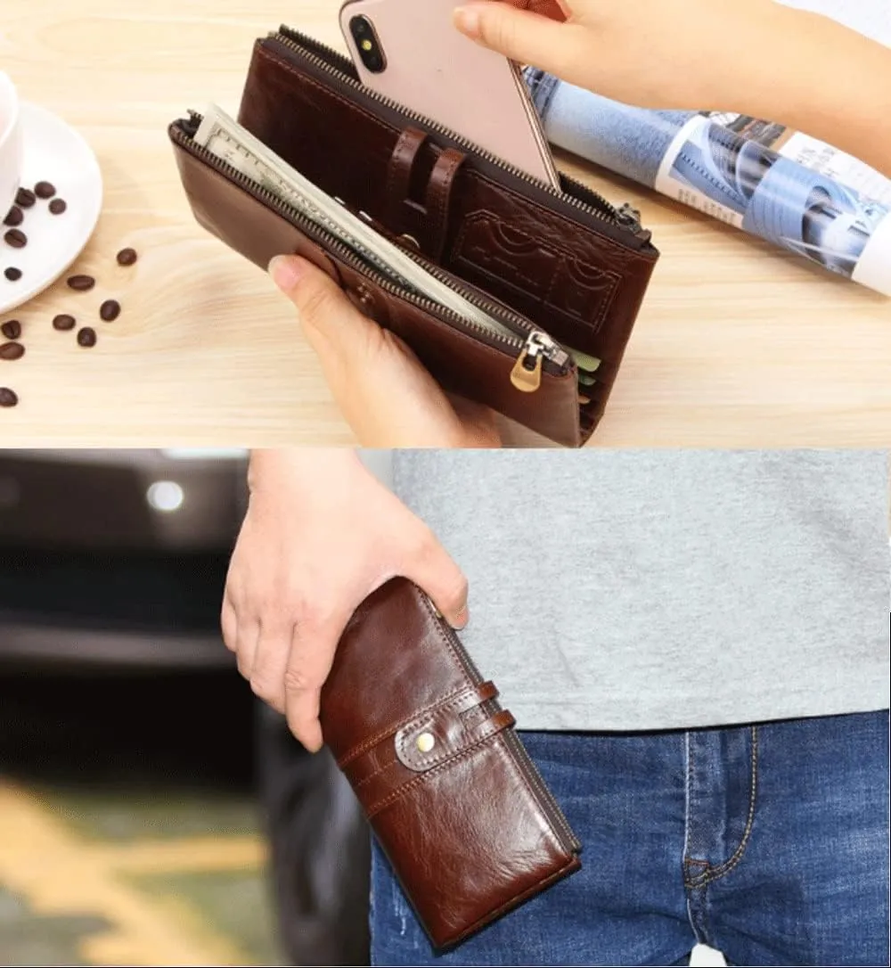 Leather Men Clutch Purse Bag,Long Bifold Wallet Zip Around Clutch Travel Purse for Dad Husband (Color : Brown, Size : 18.5 * 2.5 * 9cm)