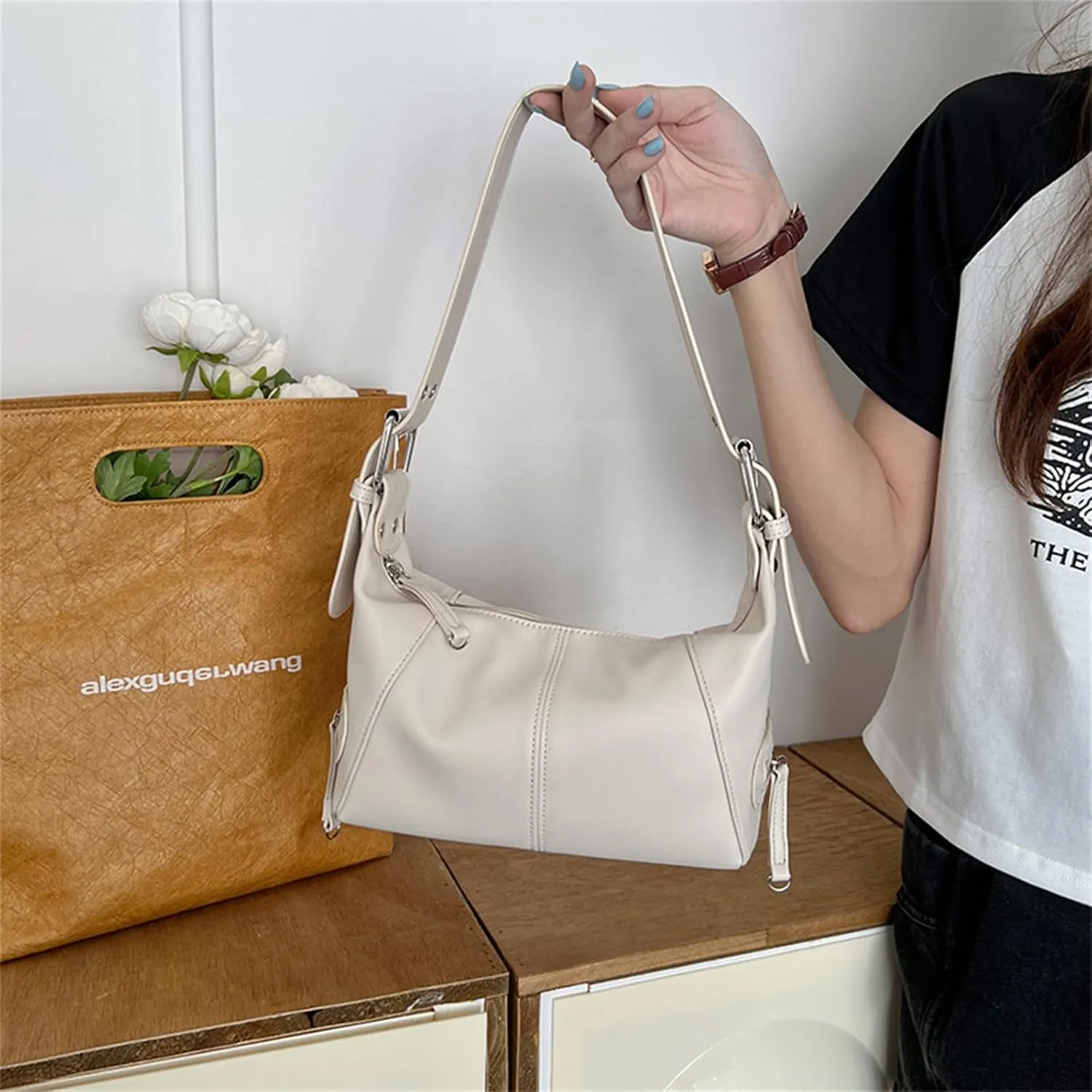 Leather Shoulder Bag for Women, Top Handle Hobo Purse, Vintage Tote Handbag with Zippers