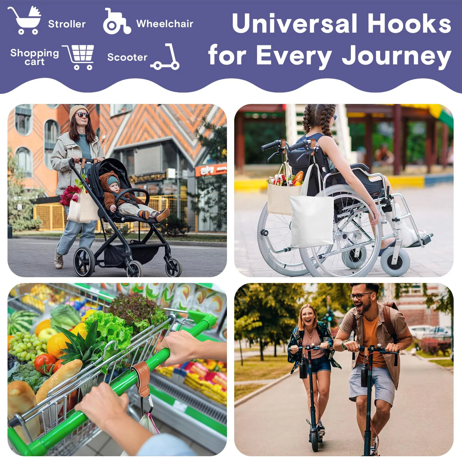 Leather Stroller Hooks for Diaper Bag and Stroller Organizer - RUVALINO® Stroller Strap with Large Carabiner Clip for Shopping Bags - Accessories for Wheelchair, Shopping and Pet Carts, Brown, 2 Pack