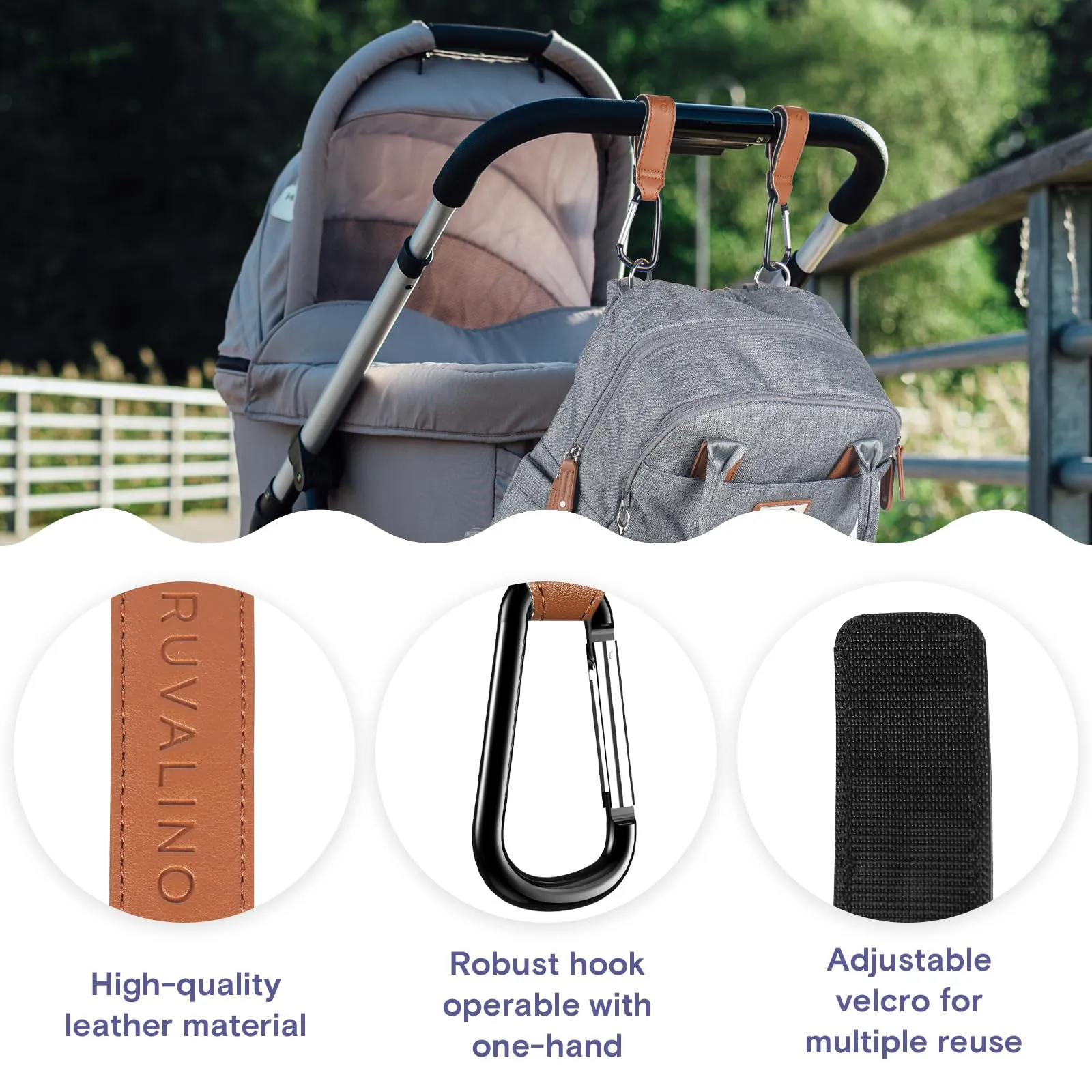 Leather Stroller Hooks for Diaper Bag and Stroller Organizer - RUVALINO® Stroller Strap with Large Carabiner Clip for Shopping Bags - Accessories for Wheelchair, Shopping and Pet Carts, Brown, 2 Pack