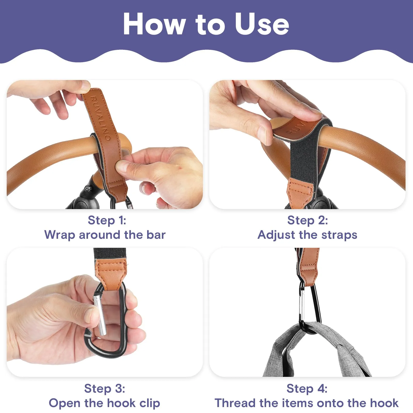 Leather Stroller Hooks for Diaper Bag and Stroller Organizer - RUVALINO® Stroller Strap with Large Carabiner Clip for Shopping Bags - Accessories for Wheelchair, Shopping and Pet Carts, Brown, 2 Pack