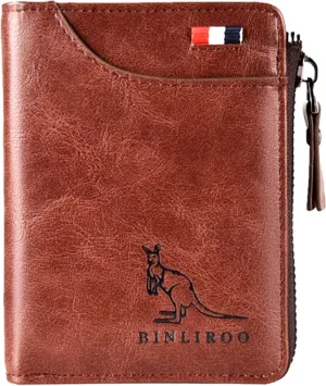 Leather Wallet for Men with Zipper, RFID Blocking Bifold Wallets with Card Holder & Money Clip Cartera Para Hombre(Brown)