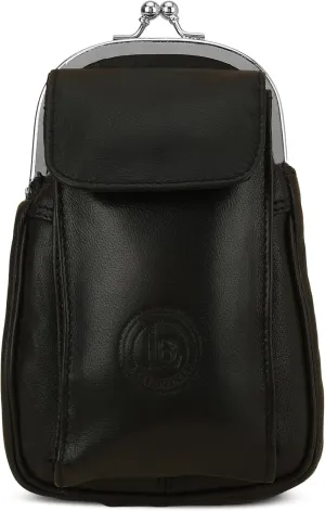 Leatherboss Leather Kiss Lock Pick-me-up Large Cigarette Money Make Up Holder Purse with Phone Case Black