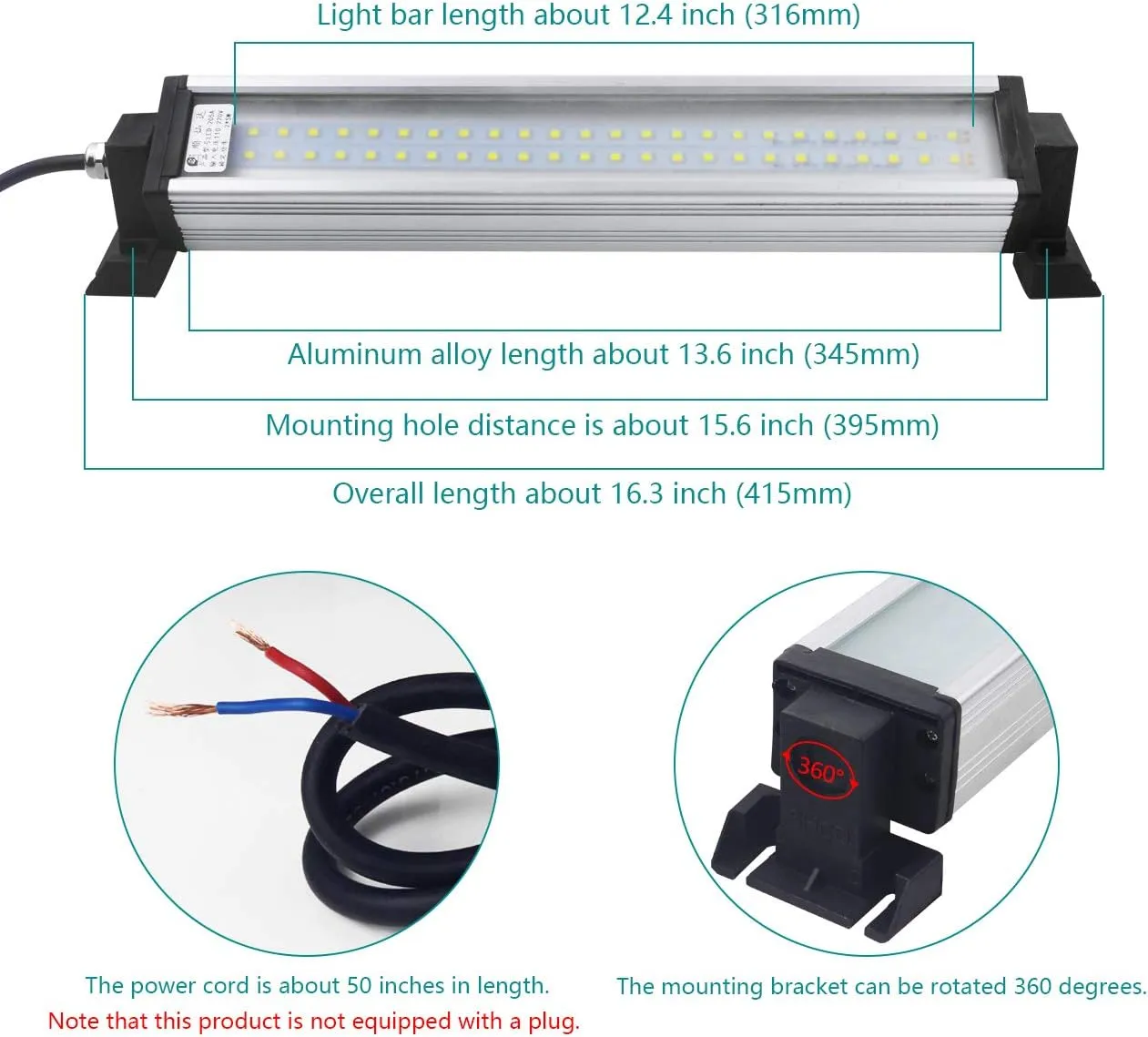 Led Industrial Machine Tube Light, IP66 Waterproof Explosionproof Work Lamp 16.3" 12W for CNC Internal, 110V to 220V Universal