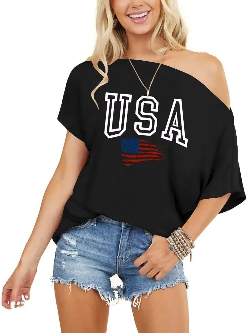 LEEDYA Women Off Shoulder Tops Short Sleeve T-Shirts Loose Blouses Oversized Tunic Tops