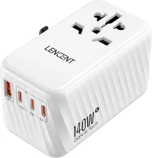 LENCENT 140W Universal Travel Adapter, International Plug Adaptor, GaN Fast Charger with 3 PD3.1 Type C 1 QC USB A, All in One Travel Essentials, Worldwide Plug Adapter for USA/UK/EU/AU, White