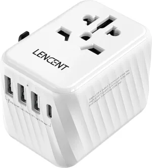 LENCENT Universal Travel Power Adapter, International AC Plug Adaptor with 3 USB A Ports 1 Type C PD Wall Charger Worldwide Travel Essentials for US to EU UK Ireland Australia (Type C/G/A/I) White