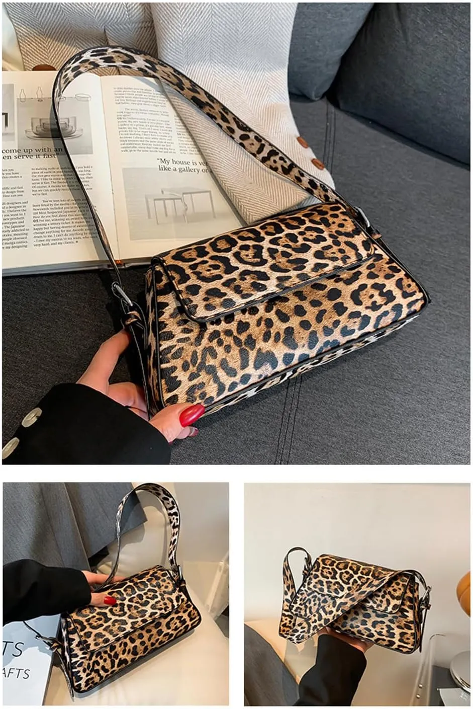 Leopard Print Shoulder Bag Cheetah Print Hobo Handbag Women Leather Vintage Clutch Handbag Purse
