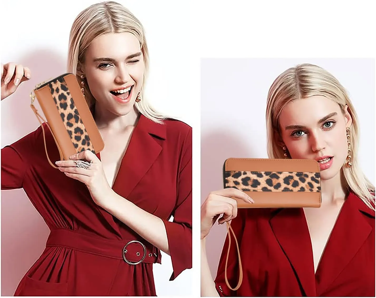 Leopard Print Wallet For Women Cheetah Wristlet Purse Zip Around Card Holder
