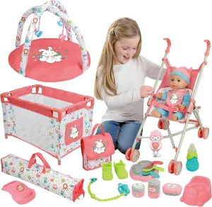Liberty Imports Kids 18-Piece Newborn Talking Baby Doll Stroller Nursery Role Play Set w/ Playpen, Play Mat, Potty Training, Accessories (14" Doll Included)
