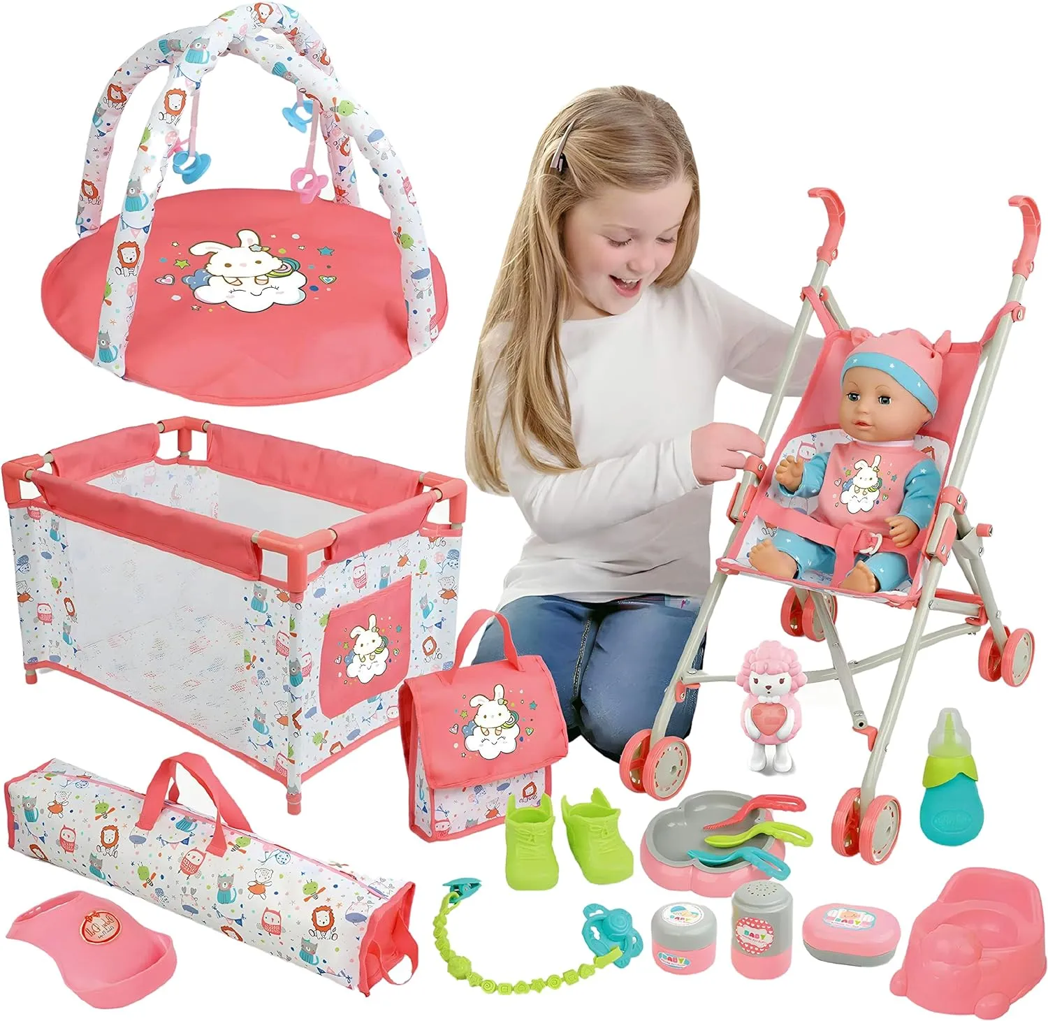 Liberty Imports Kids 18-Piece Newborn Talking Baby Doll Stroller Nursery Role Play Set w/ Playpen, Play Mat, Potty Training, Accessories (14" Doll Included)