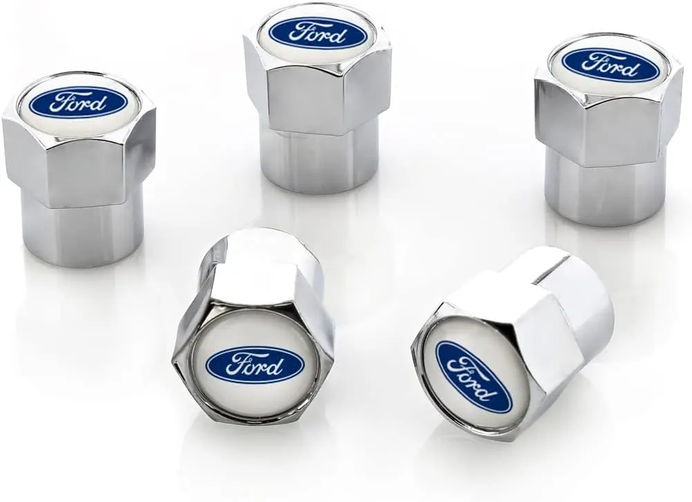 License Frame Inc. Ford Blue Logo Chrome Valve Cap Covers