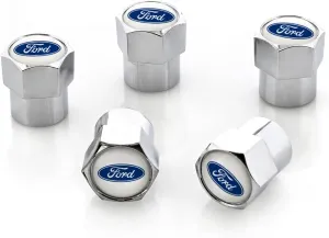License Frame Inc. Ford Blue Logo Chrome Valve Cap Covers