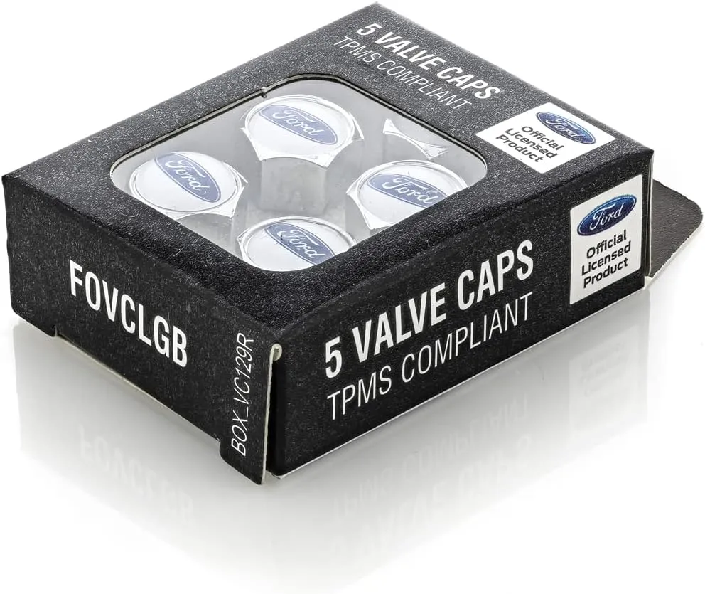 License Frame Inc. Ford Blue Logo Chrome Valve Cap Covers