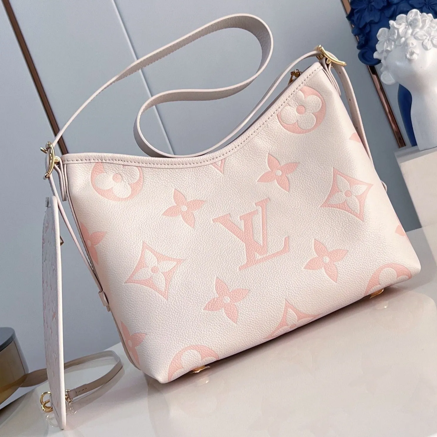 LIGHT CARRYALL Birthday discount PM Complete assortment COWHIDE Vuitton GRAINED MONOGRAM Louis PINK 29 LEATHER