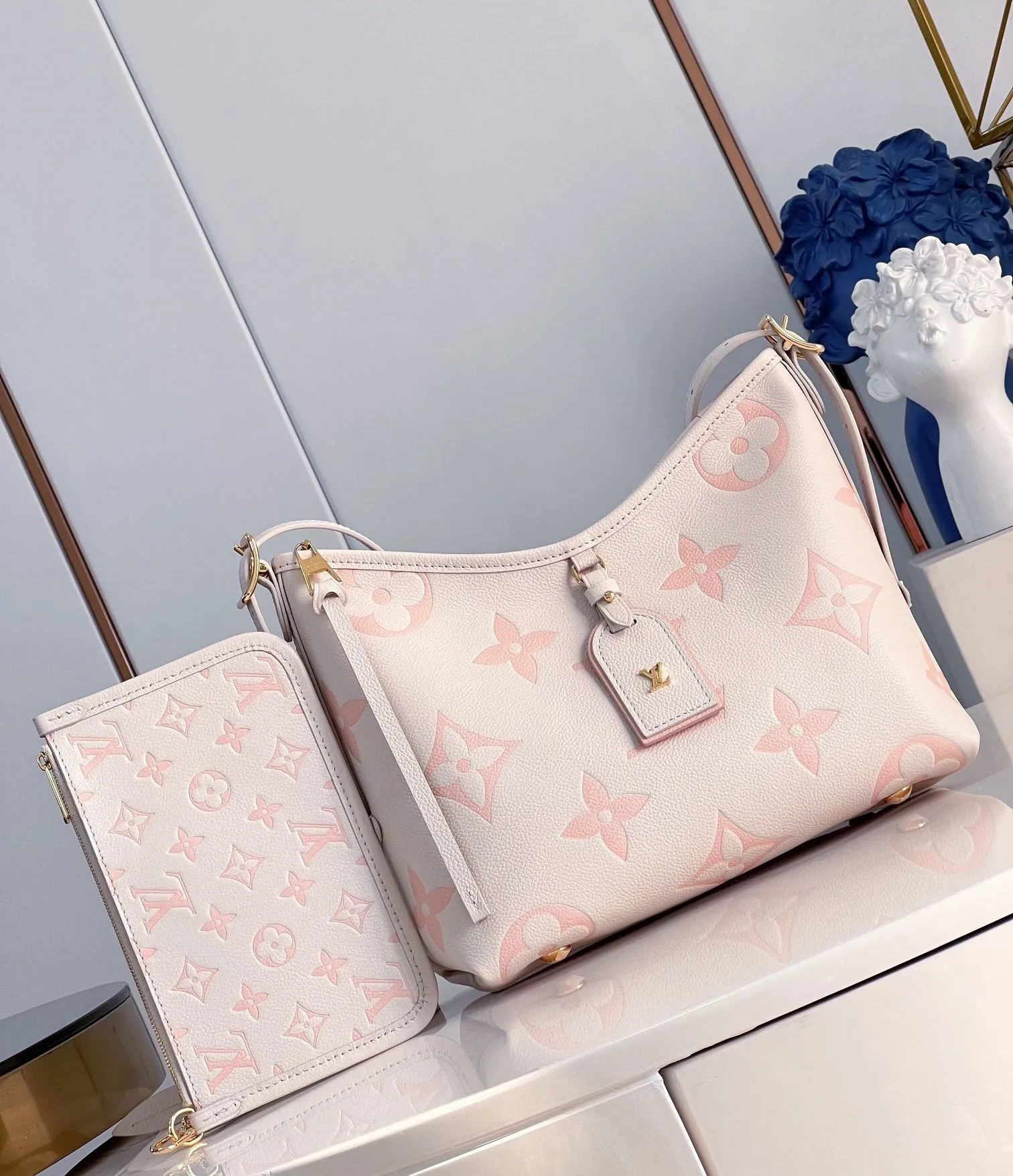 LIGHT CARRYALL Birthday discount PM Complete assortment COWHIDE Vuitton GRAINED MONOGRAM Louis PINK 29 LEATHER
