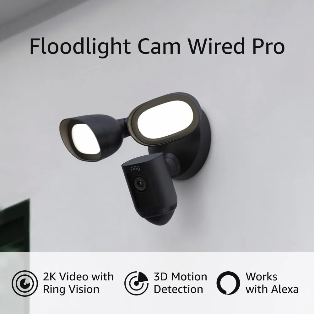 Like-New Ring Floodlight Cam Wired Pro with Bird’s Eye View and 3D Motion Detection (2021 release), Black