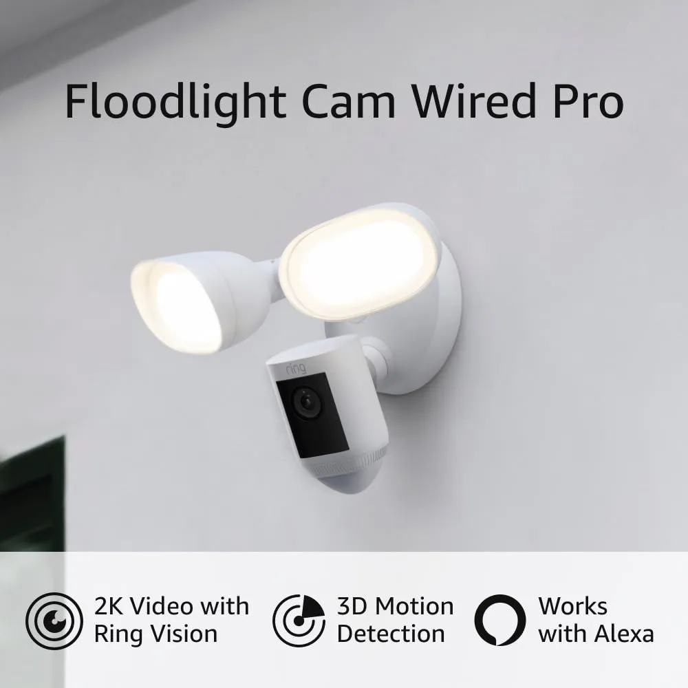 Like-New Ring Floodlight Cam Wired Pro with Bird’s Eye View and 3D Motion Detection (2021 release), White