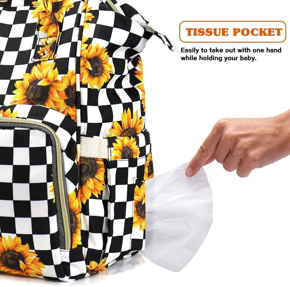 LIMHOO 3 in 1 Diaper Bag Backpack, Multifunction Large Baby Bags with Changing Pad & Stroller Straps, Waterproof Nappy Bag for Mom Baby Care (Checkered Sunflower)