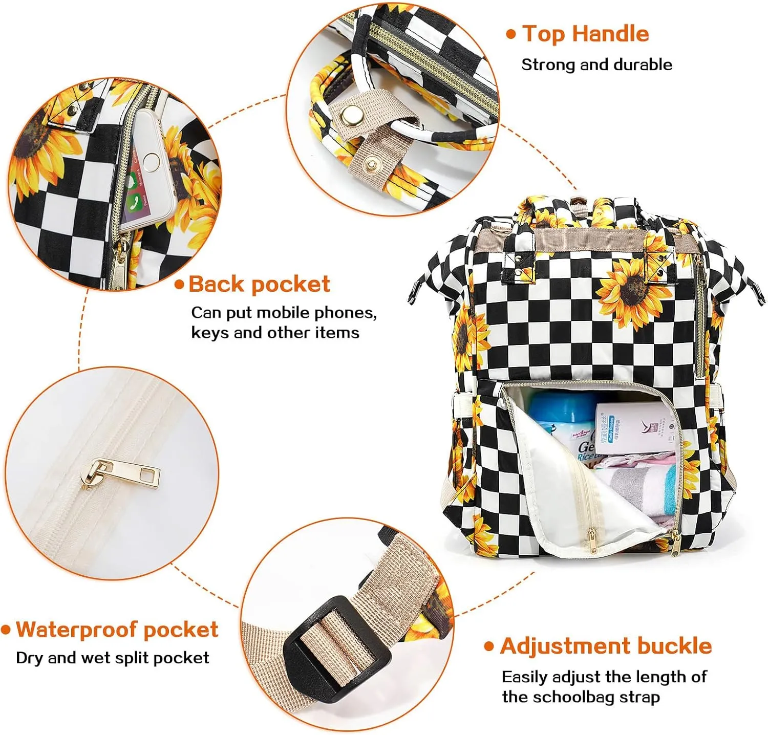 LIMHOO 3 in 1 Diaper Bag Backpack, Multifunction Large Baby Bags with Changing Pad & Stroller Straps, Waterproof Nappy Bag for Mom Baby Care (Checkered Sunflower)