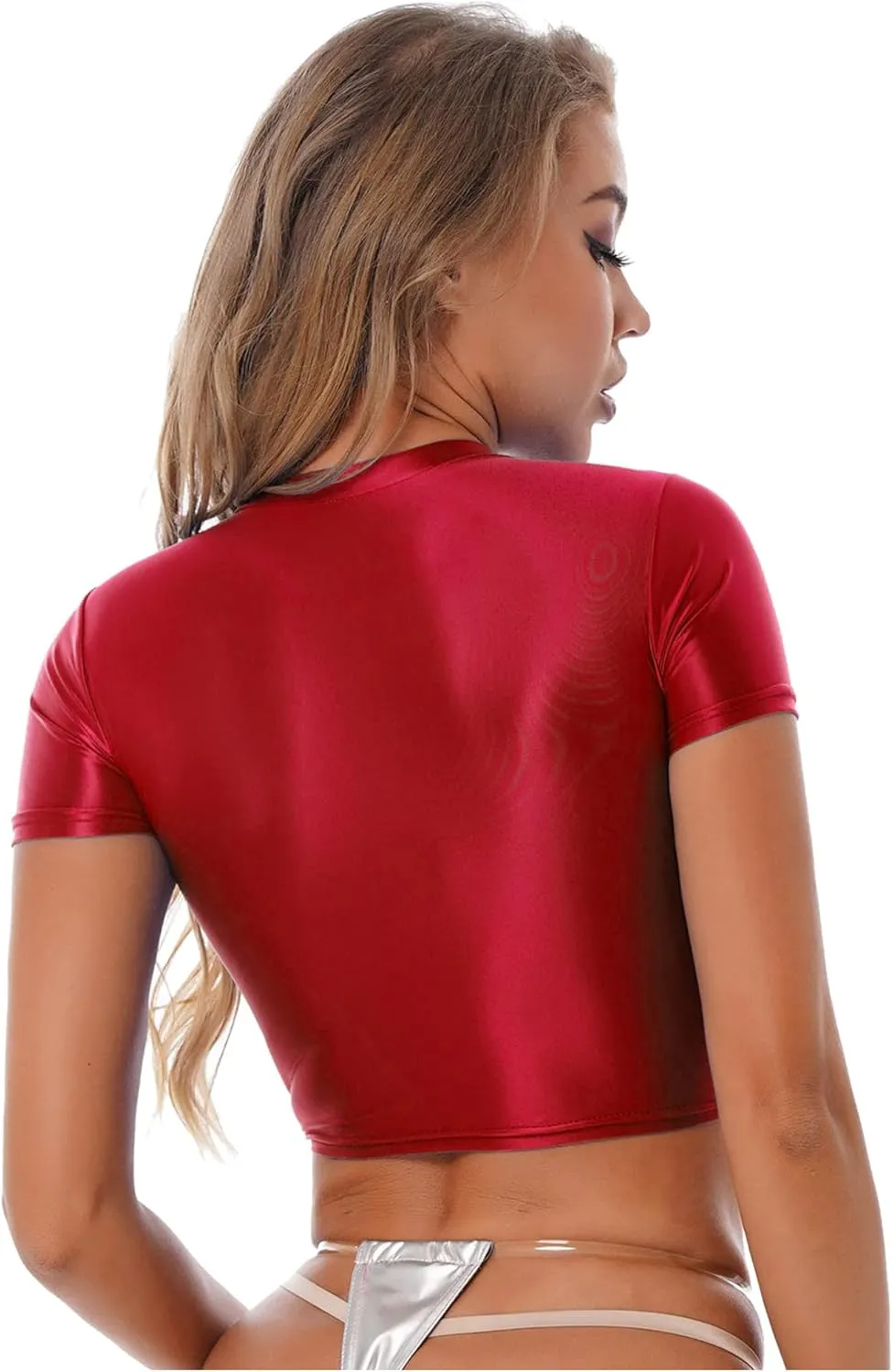 Linjinx Women's Oil Glossy Short Sleeve Crew Neck Workout Crop Tops T-Shirts Yoga Nylon Tight Vest